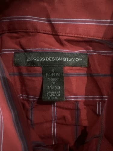 Express Design Studio Mens Button Up Small Long Sleeve Red Stripe Modern Fit - Thumbnail 2