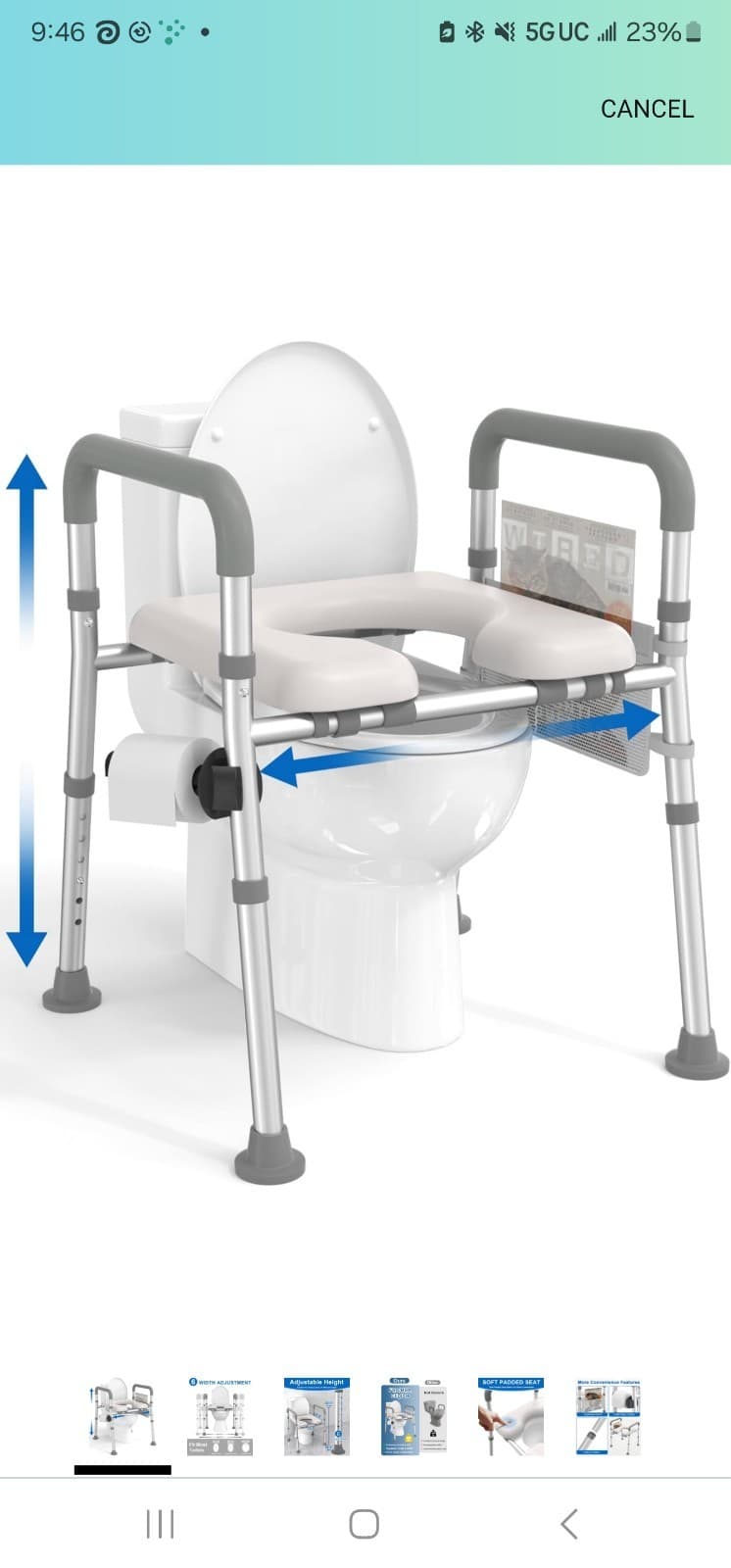 HOMLAND Raised Toilet Seat Handles Adjustable Height Width Senior FSA HSA 400lb - Image 1