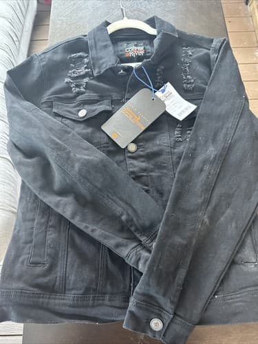 Copper Rivet Men's Size MediumBlack Ripped Stretch Denim Classic Jean Jacket NWT - Image 1