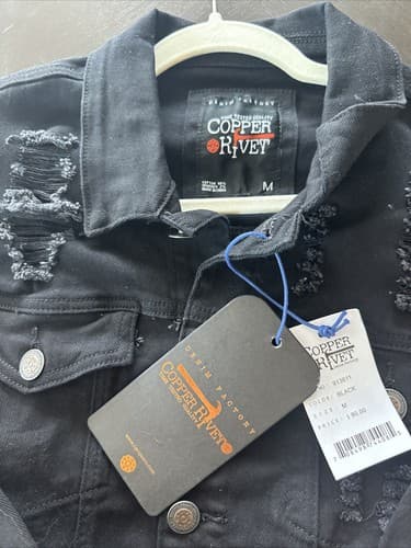 Copper Rivet Men's Size MediumBlack Ripped Stretch Denim Classic Jean Jacket NWT - Thumbnail 2