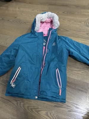 ZeroXposur Girls Size 10/12 Aqua Blue Zip Up Winter Coat Faux Fur Trim Hood - Image 1