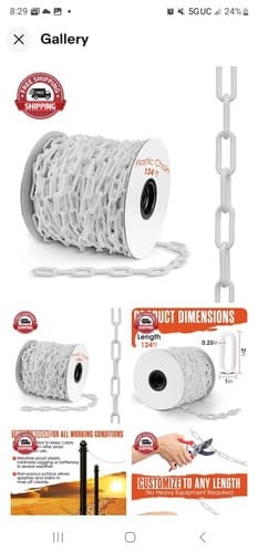Plastic Chain, Link Fence, Safety Barrier, 124 Foot, White, 2" Links, Light Weig - Image 1
