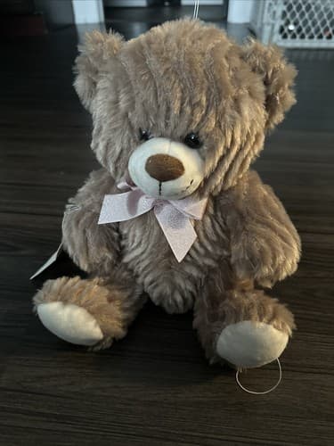 Burton & Burton Brown Fluffy Plush Stuffed Teddy Bear 12" Tall Pink Bow - Image 1