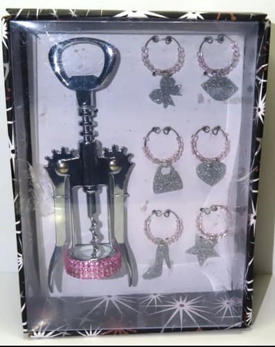 Wine Set Rhinestone Corkscrew and Bottle Opener w/ Six Wine Glass Charms New - Image 1