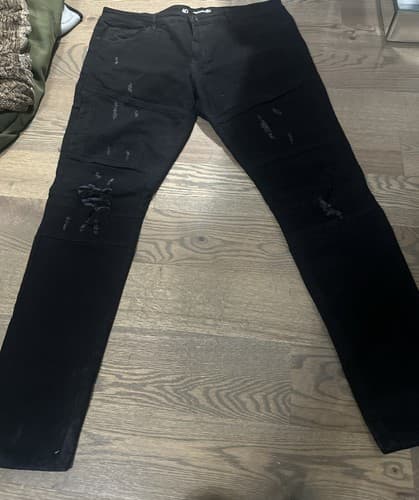 Crysp Denim Men's Biker Moto Distressed Ripped Skinny Fit Jeans in Black 40 - Image 1