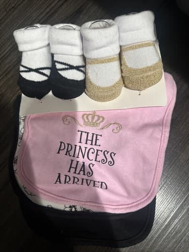 NEW 0-9 MO. GIRL'S THEMED 5 PIECE BIBS & SOCKS SET (3 BIBS & 2 SOCKS) - Image 1