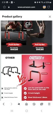 Push Up Bar 12" High Parallettes Bars & Dip Bar With Full-Cover Foam H... - Thumbnail 2