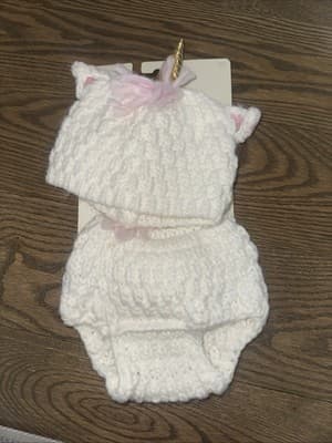 Unicorn Baby Knit Hat and Diaper Cover Set White With Pink Mane And Gold Horn 0+ - Image 1