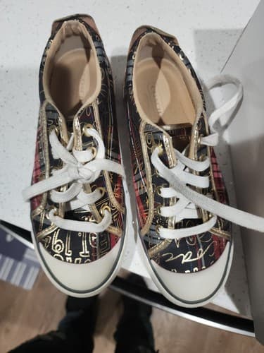 Women's Size 6 Coach Barrett Graffiti Plaid Gold Fashion Lace Sneakers Shoes - Image 1