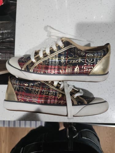 Women's Size 6 Coach Barrett Graffiti Plaid Gold Fashion Lace Sneakers Shoes - Thumbnail 2