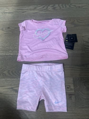 Nike Girls Dri-FIT Pink Heart Pixel Shirt Top Shorts 2 Pc Set NEW 12 Months - Image 1