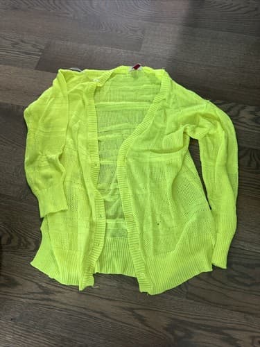 L.E.I. Girls Sweater Size L Neon Yellow Open Knit Pullover Long Sleeve Button Up - Image 1