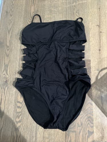 Kenneth Cole Reaction Womens Size L One Piece Swimsuit Black Lined Halter Slit - Image 1
