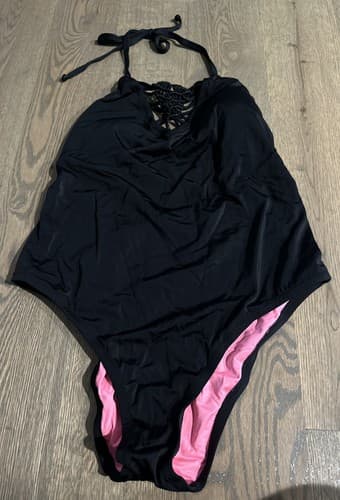 PINK Victorias Secret Womens Black Lace Up One Piece Swimsuit Bathing Suit Large - Image 1