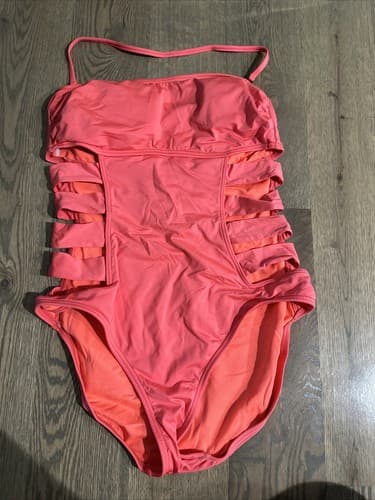 Kenneth Cole Reaction Womens Size L One Piece Swimsuit Orange Lined Halter Slit - Image 1