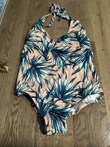 Pink V/S Palm Print One Piece Swimsuit Pink Green Sleeveless Deep V-Neck L - Image 1