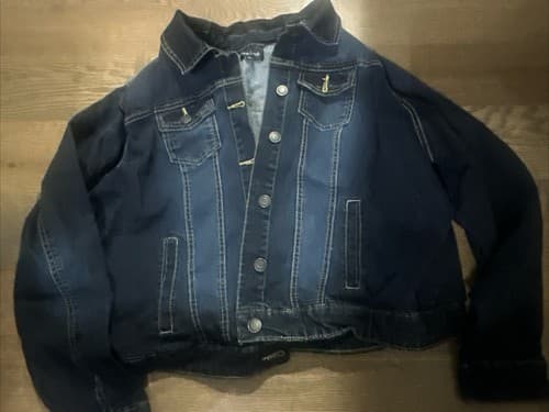 Womens New Look Size 2x Dark-Wash Distressed Stretch Denim Jacket - Image 1