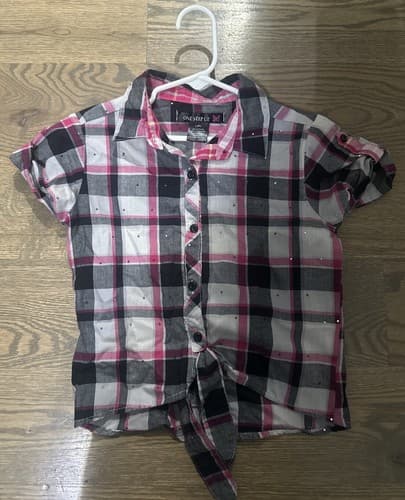Girl's Pink Button Down Shirt Plaid Kids Size Large 6X - Image 1
