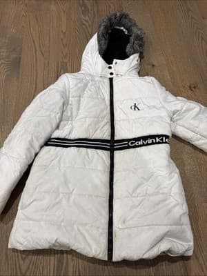 Calvin Klein Girl's Hooded Faux Fur Puffer Jacket Fleece Lining Size L 12/14 - Image 1