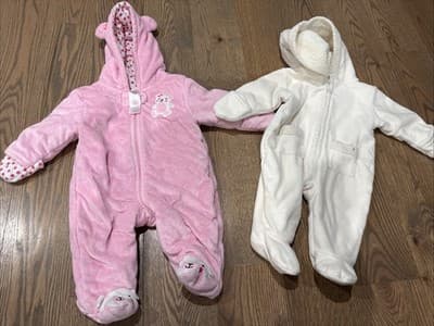 Baby 0-3 Months Winter Suit Jumpsuit Pink And Ivory Lot Of 2 Footed W/Hood Coat - Image 1