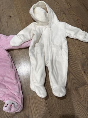 Baby 0-3 Months Winter Suit Jumpsuit Pink And Ivory Lot Of 2 Footed W/Hood Coat - Thumbnail 3