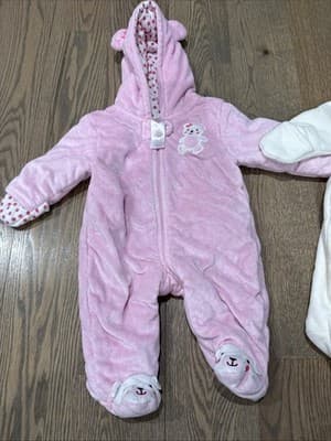 Baby 0-3 Months Winter Suit Jumpsuit Pink And Ivory Lot Of 2 Footed W/Hood Coat - Thumbnail 2
