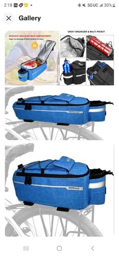 Insulated Bike Trunk Cooler Bag with Cargo Space Bottle Holder Rear Bike Rack - Image 1