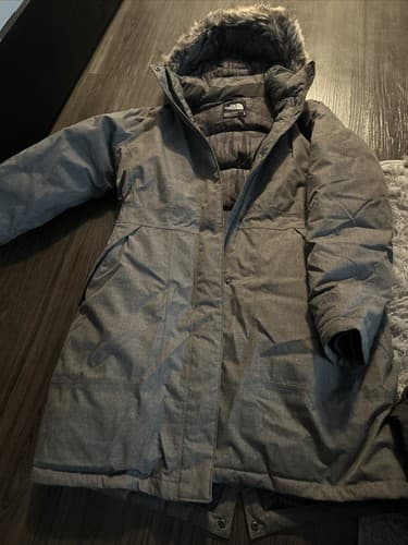 The North Face Womens Hood Fur Trim Down Puffer Coat Jacket Gray Large - Image 1
