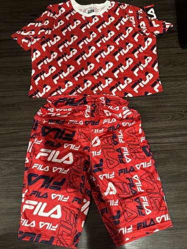 Fila Red Logo TShirt Cotton Youth Kids Crewneck Short Sleeve With Shorts Size S - Image 1