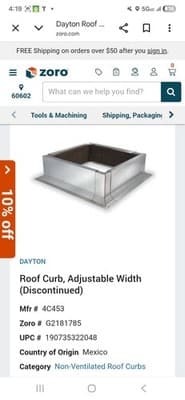DAYTON Roof Curb:4C453 Nonventilated,6 3/8 in Curb Ht, 141/2 to 23 Curb Square. - Image 1