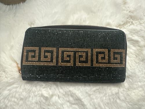 Greek Pattern Rhinestone Zipper Wallet Black And Gold - Image 1