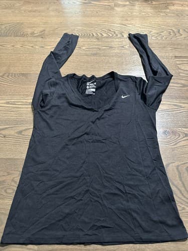 Nike Shirt Womens Large Dri Fit Sports Athletic Breathable V Neck Long Sleeve - Image 1