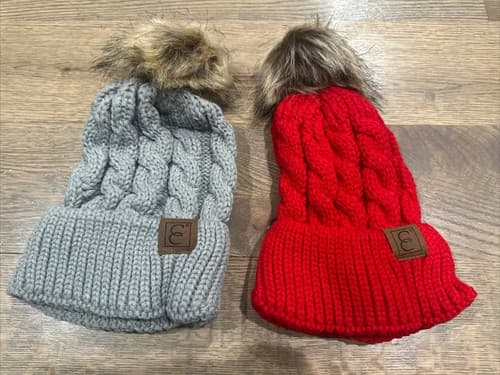 2Pc Unisex Pom-Pom Knit Hat, Y2K Style, Warm and Breathable, Gray And Red - Image 1