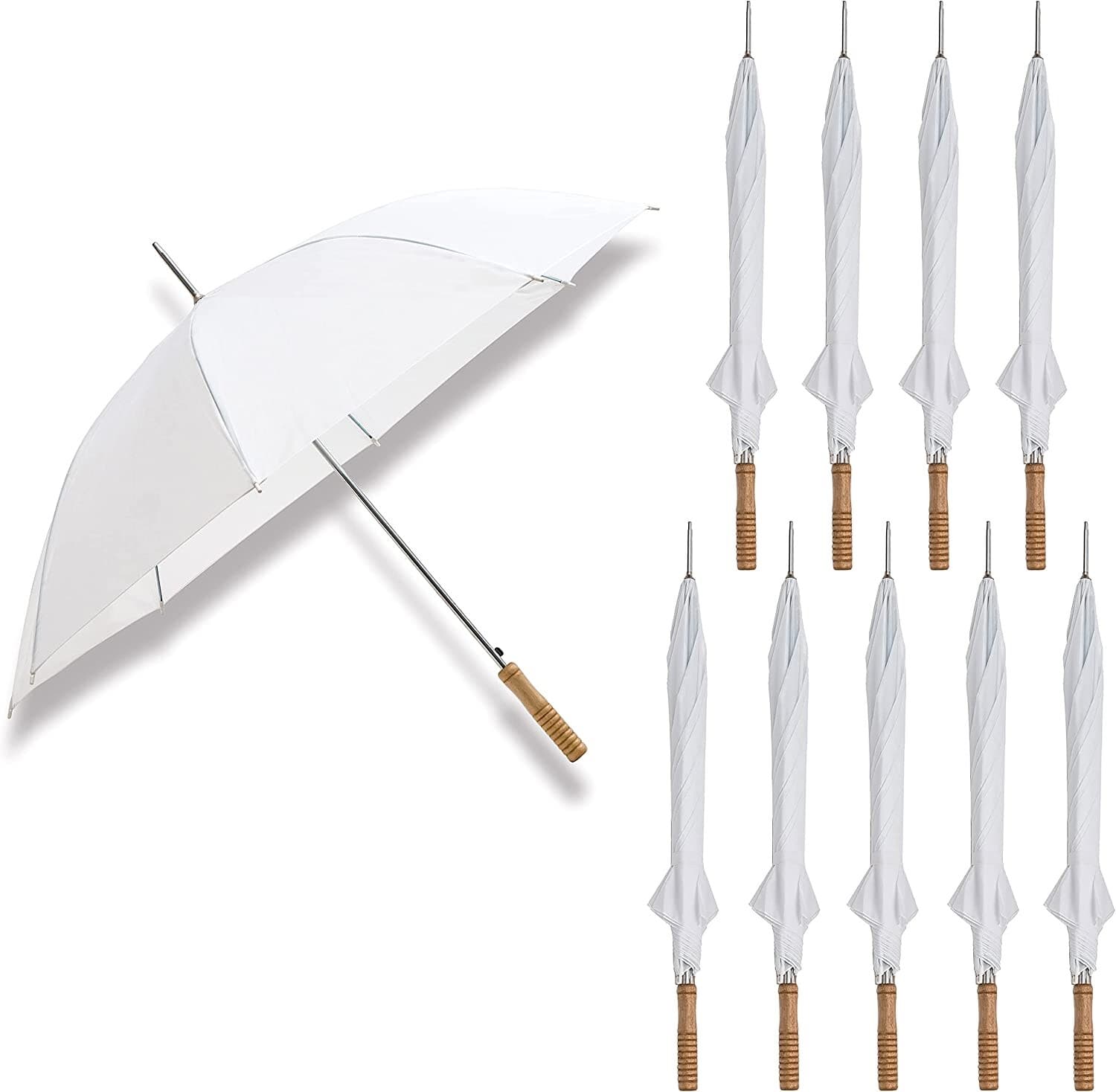 Anderson White Wedding Manual Umbrella (Pack of 10) 39”L x 51"W Wood Handle - Image 1