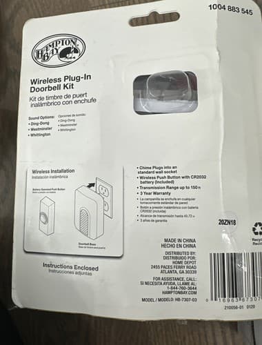 Hampton Bay Lighting Wireless Plug-In Doorbell Kit with 1-Push Button in - Thumbnail 2