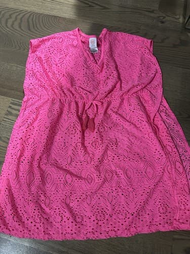 Beach Cover-Up Hot Pink Mesh Dress V Neck Large (10-12) - Image 1