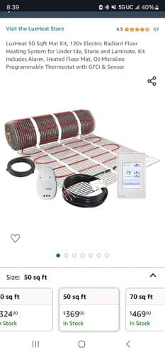 LuxHeat Mat Kit 120v (50sqft) Electric Radiant Floor Heating System Tile and - Image 1