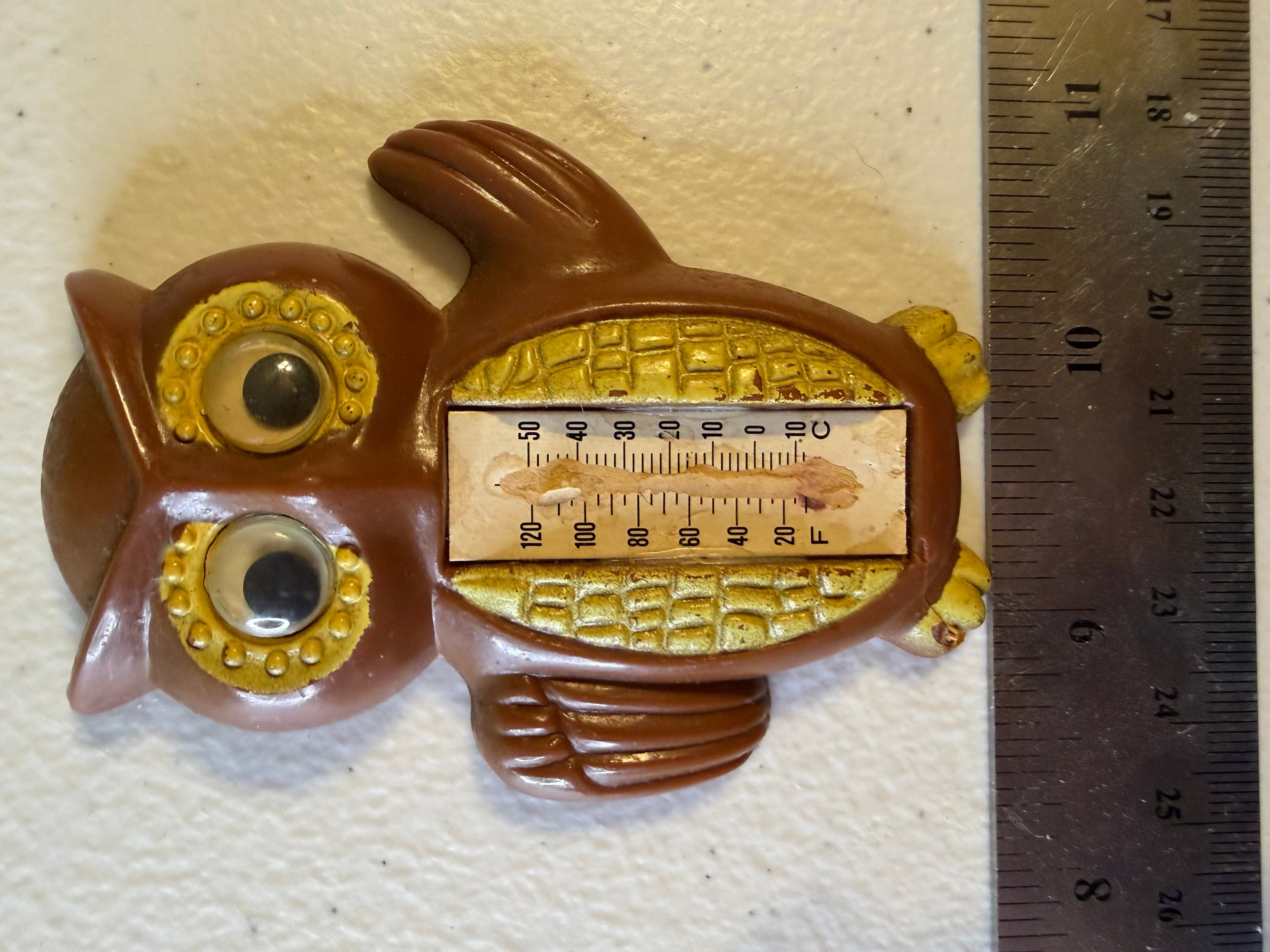 Vintage Arjon Owl Magnet 70s MCM Kitsch Googly Eyes Hong Kong Brown Gold Retro - Image 1