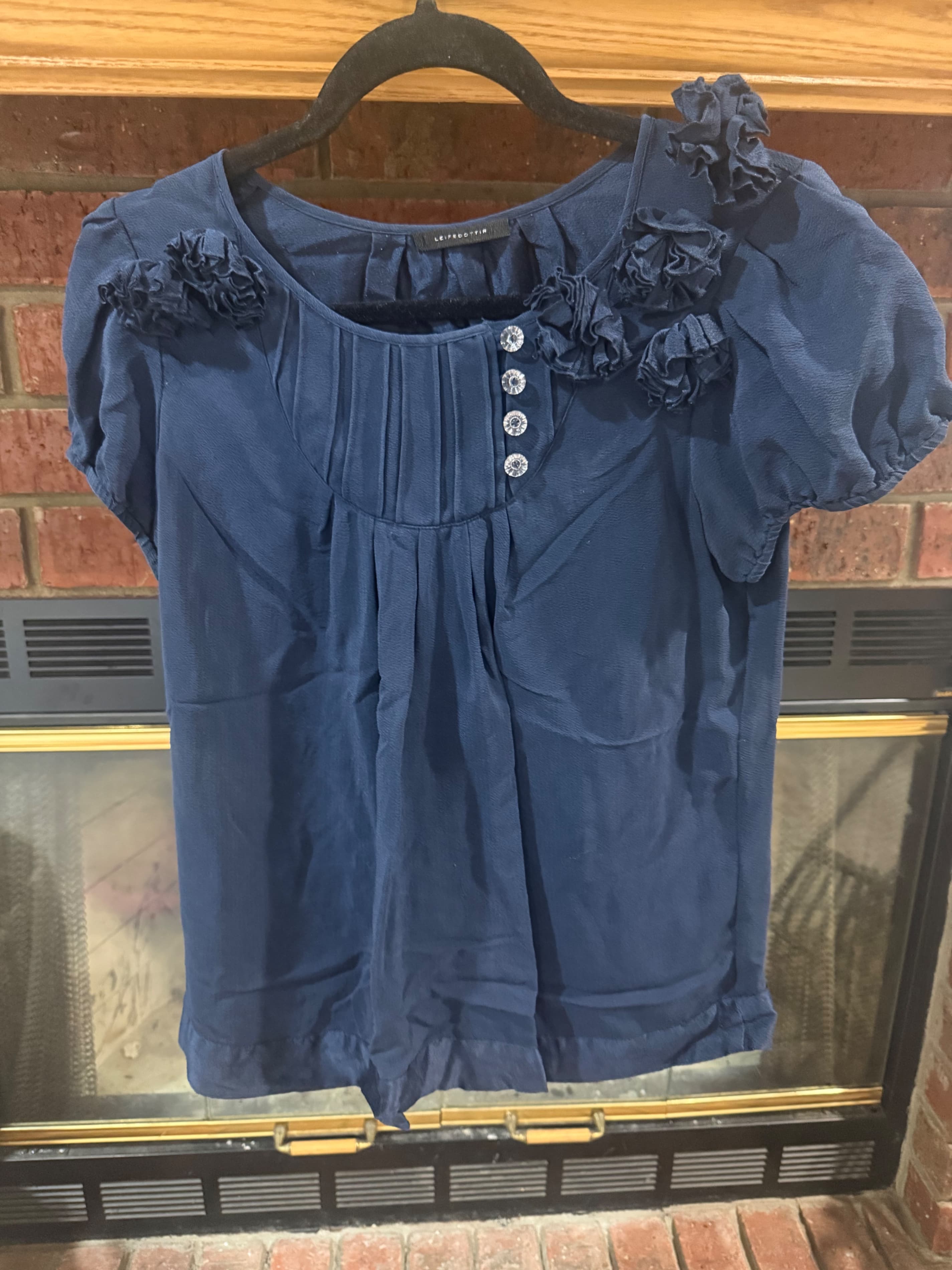 Blue Short Sleeve Silk Blouse with Floral Details - Image 1