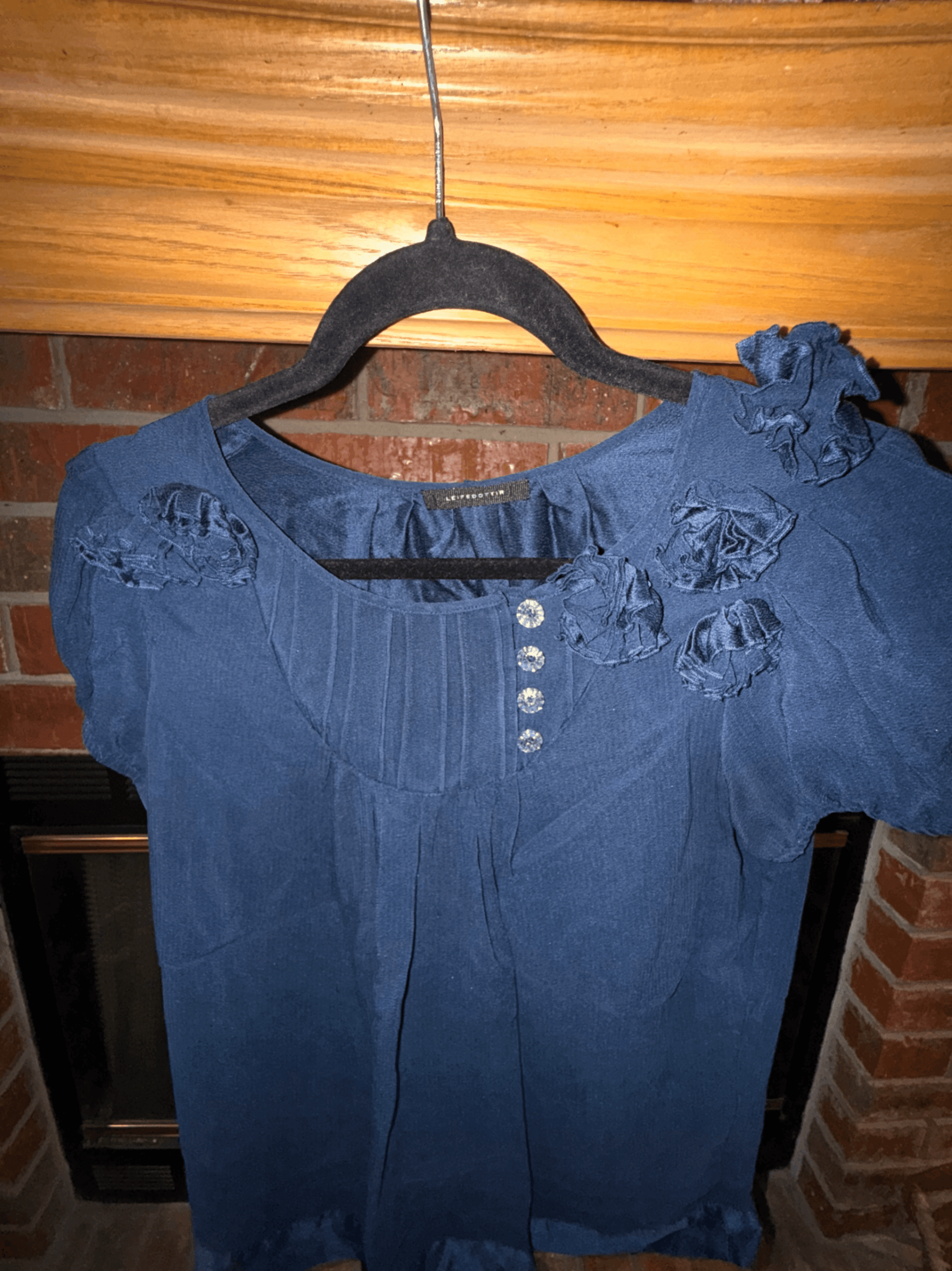 Blue Short Sleeve Silk Blouse with Floral Details - Thumbnail 2