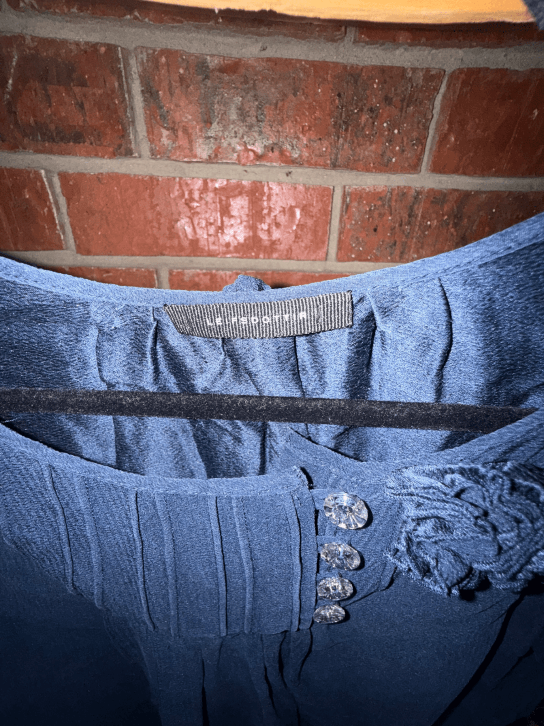 Blue Short Sleeve Silk Blouse with Floral Details - Thumbnail 3