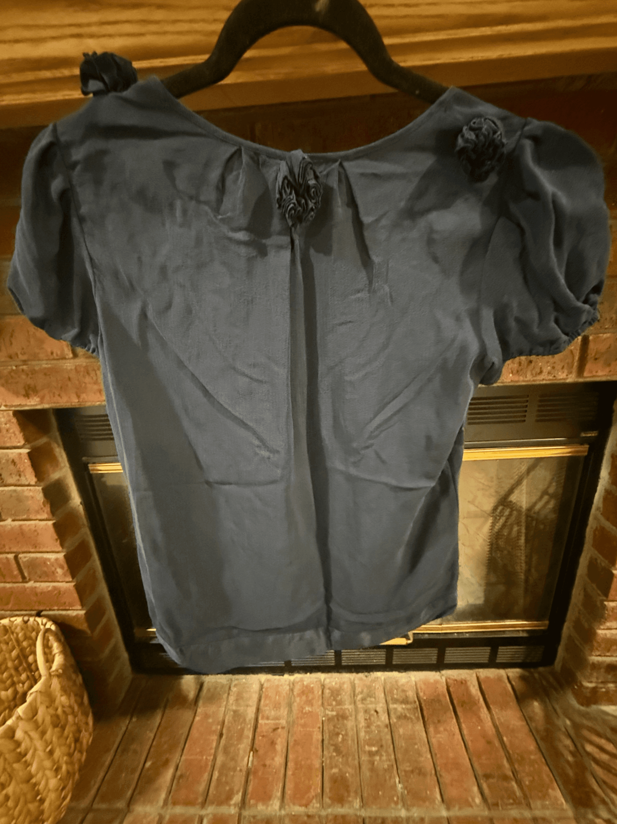 Blue Short Sleeve Silk Blouse with Floral Details - Thumbnail 6