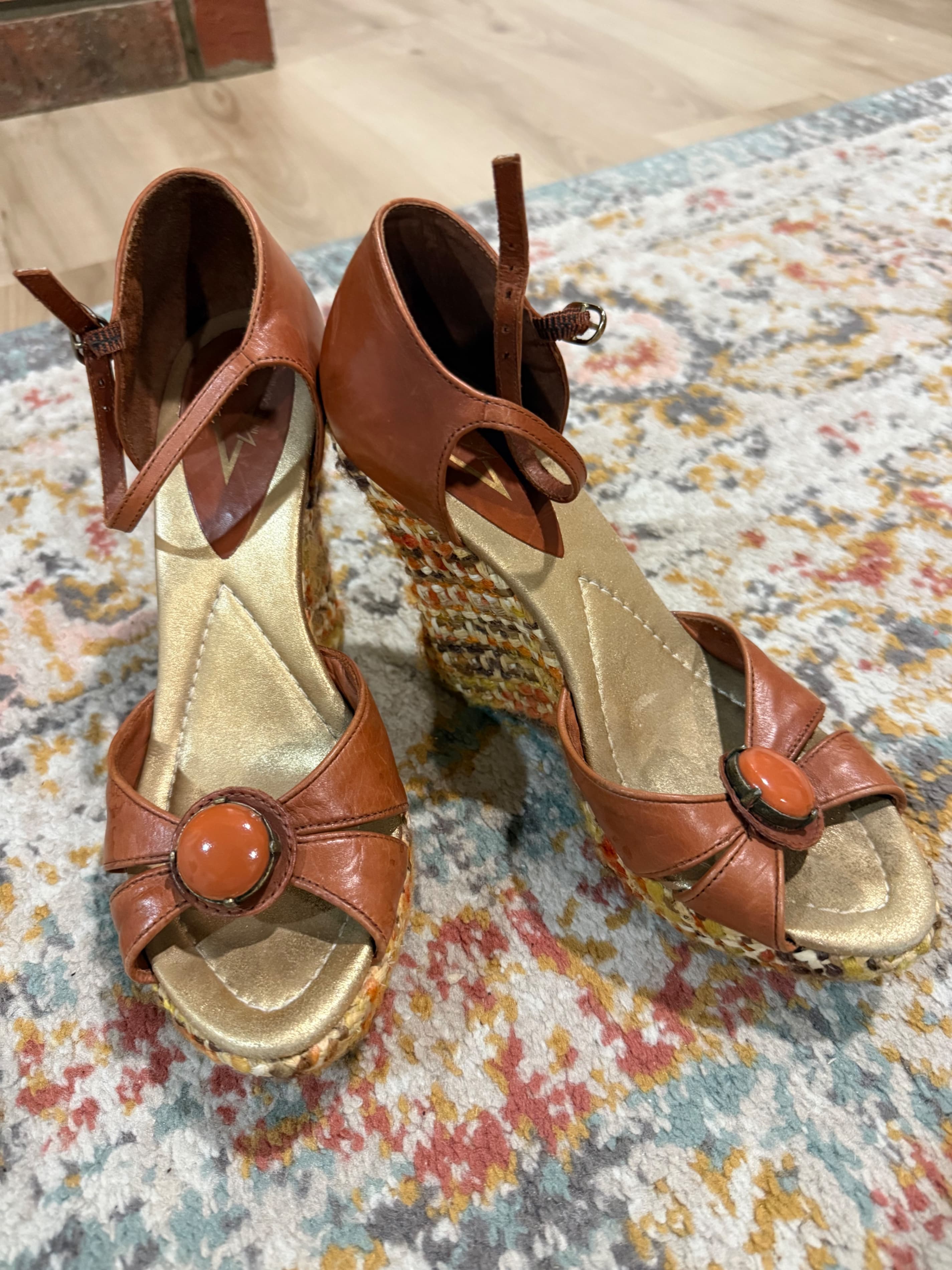 Woven Wedge Sandals with Ankle Strap and Button Detail - Image 1