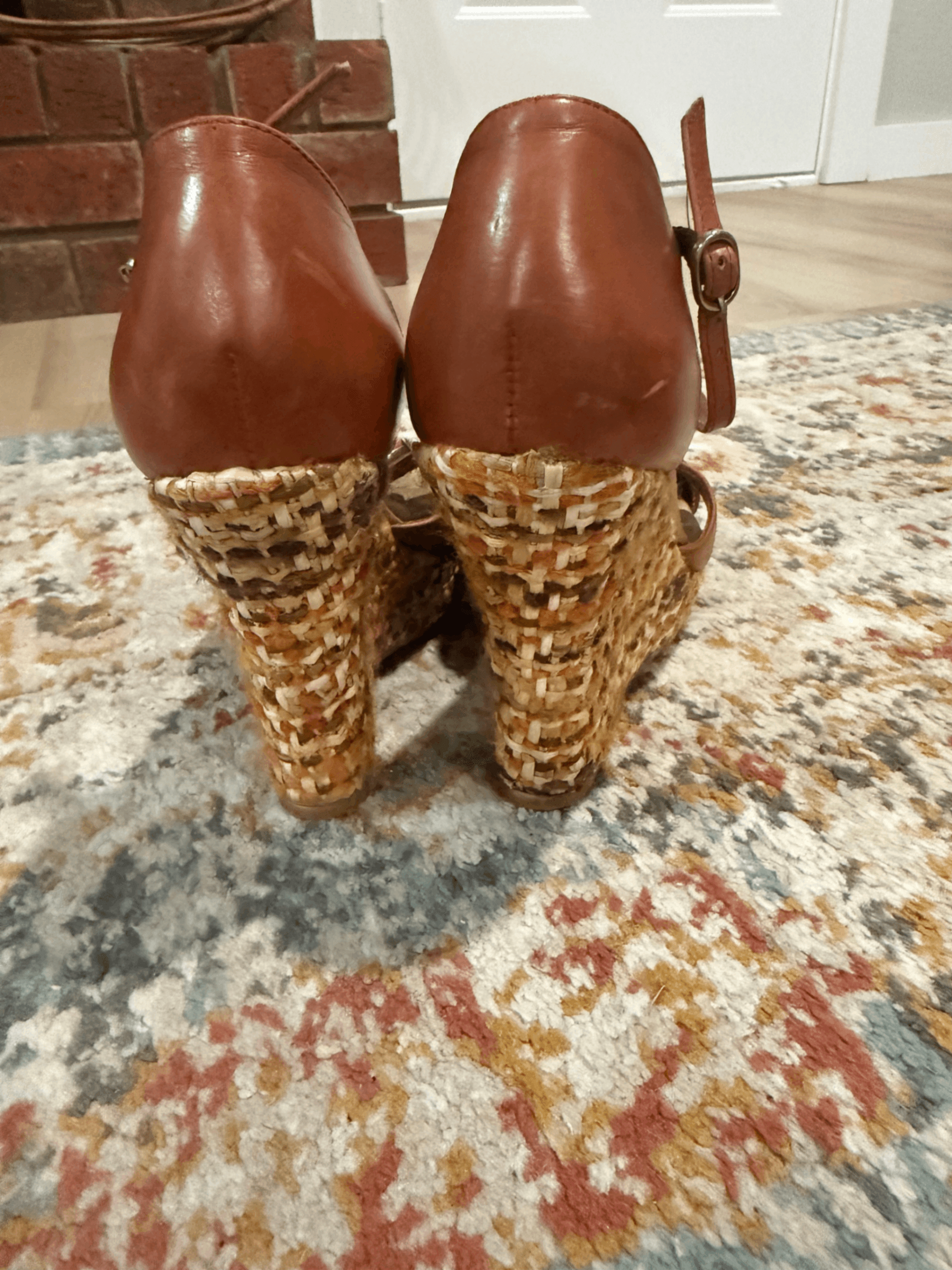 Woven Wedge Sandals with Ankle Strap and Button Detail - Thumbnail 2