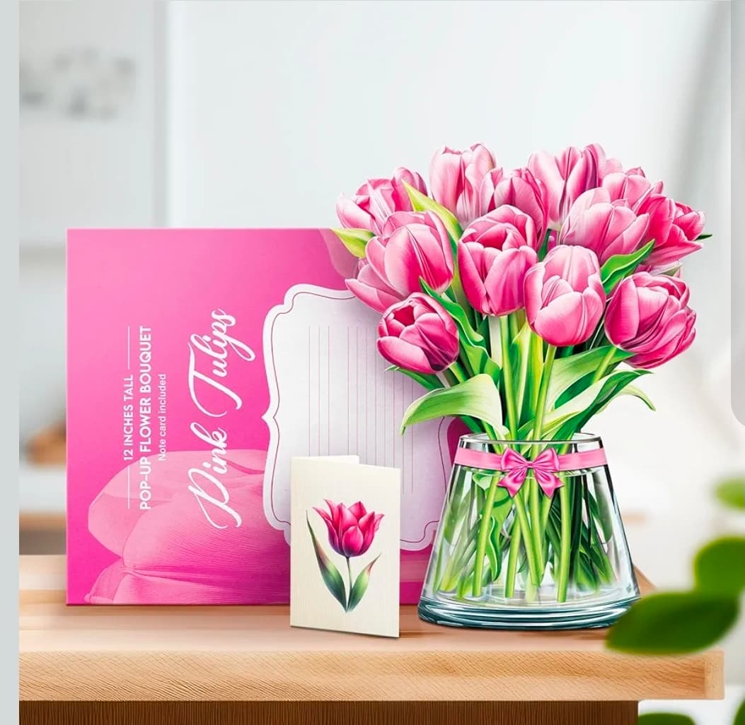 Pink Tulips 12-Inch Pop-Up Flower Bouquet with Note Card - Image 1
