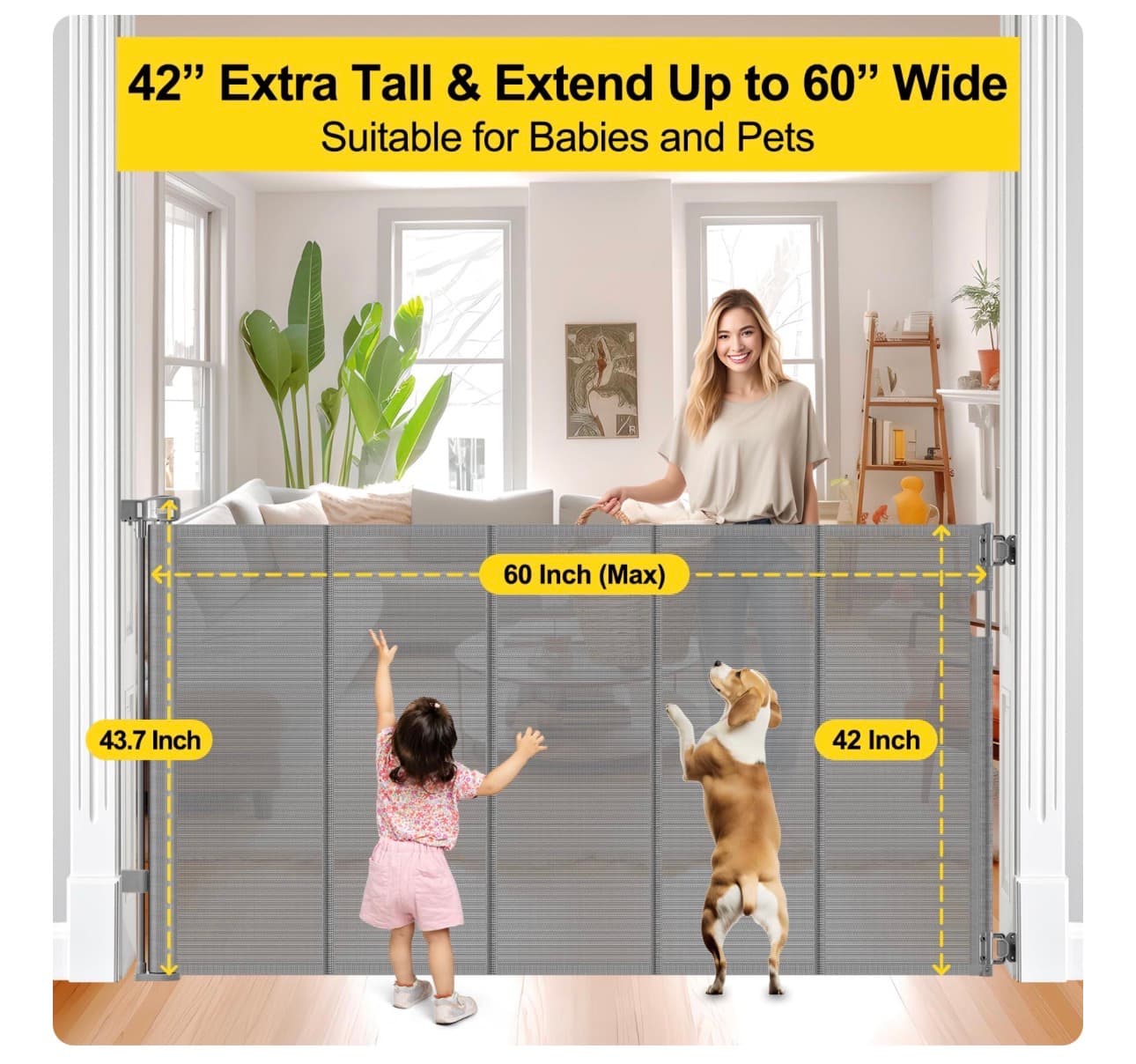 Retractable Baby and Pet Gate 42" Tall 60" Wide - Thumbnail 4