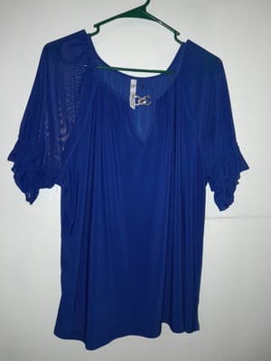 NY COLLECTION Women's Sz 1X Electric Blue Lightweight Silver Accent Sheer Sleeve - Image 1