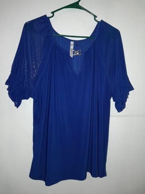 NY COLLECTION Women's Sz 1X Electric Blue Lightweight Silver Accent Sheer Sleeve - Thumbnail 2