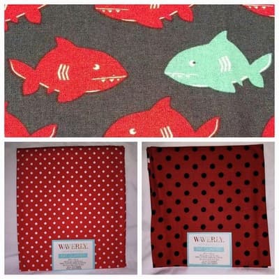 Quilters Fabric Lot 3 Fat Quarters Red & Black Polka Dot Shark Print 18"x21" - Image 1