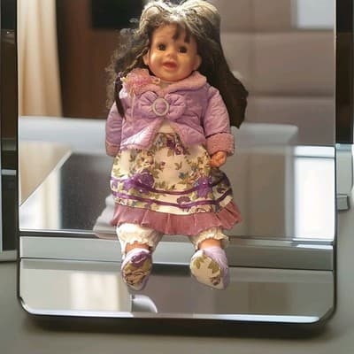22" Brunette Doll Brown Glass Eyes Original Outfit Purple Coat Cute Girl Doll - Image 1